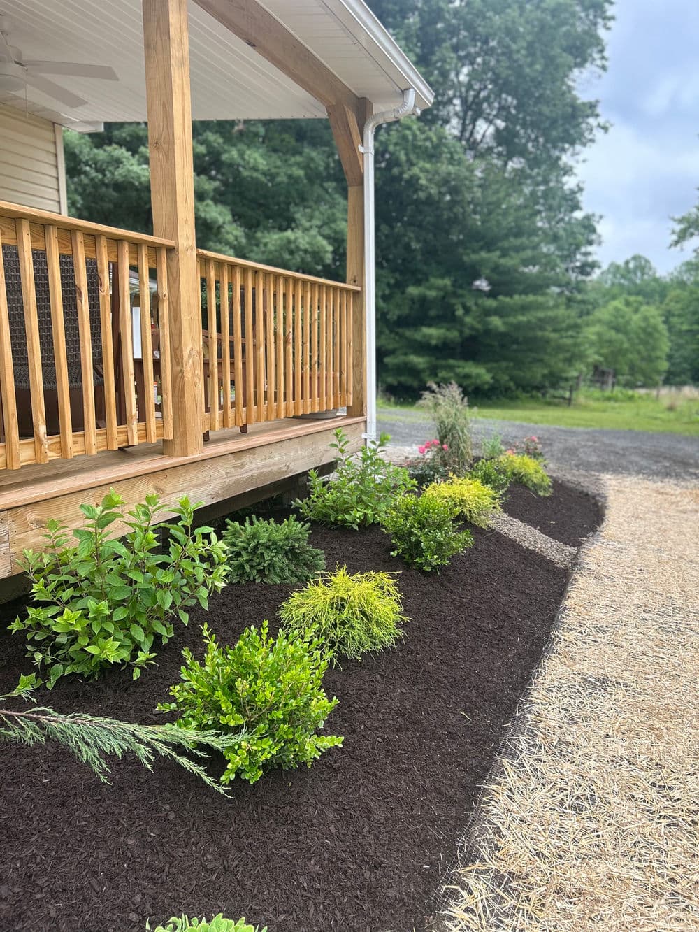 Lush garden landscape with mulched flower beds beside a wooden porch and green trees.
